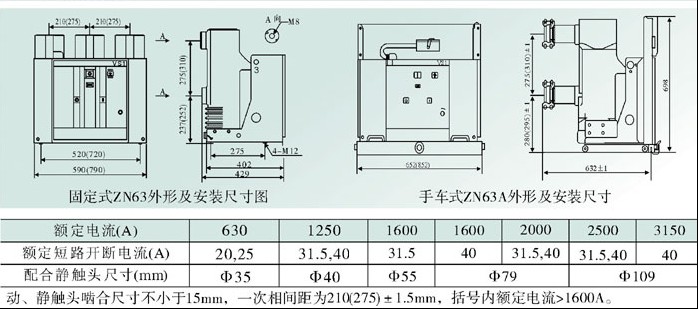 VS1-12-630/20KA,ZN63户外高压真空断路器 安装及尺寸图
